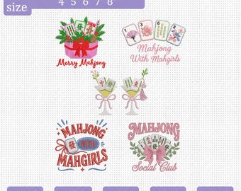 May include: A collection of six machine embroidery designs featuring Mahjong tiles and festive themes. Text includes Merry Mahjong, Mahjong With Mahgirls, and Mahjong Social Club. The designs incorporate elements like gift boxes, martini glasses, flowers, and bows in various colors. The file formats listed are PES, DST, EXP, JEF, and VP3, with sizes ranging from 4 to 8 inches.