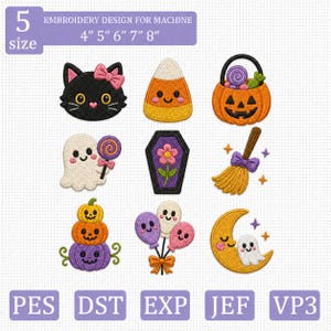 May include: A digital embroidery design set featuring nine Halloween-themed icons including a black cat, candy corn, jack-o'-lantern bucket, ghost with lollipop, coffin with flower, broom, stacked pumpkins, balloons, and a crescent moon with a ghost.