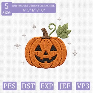 May include: An orange jack-o'-lantern embroidery design with a brown stem, green leaf, and black facial features, surrounded by small white stars. Text includes 5 size 4" 5" 6" 7" 8" and file formats PES, DST, EXP, JEF, VP3 for machine embroidery.