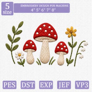 Può includere: Disegno per ricamo a macchina con tre funghi rossi a pois bianchi, un fiore giallo, una margherita bianca e steli verdi con foglie. Testo: 5 size, EMBROIDERY DESIGN FOR MACHINE, 4" 5" 6" 7" 8", PES, DST, EXP, JEF, VP3.