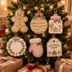Puede incluir: Seis adornos navideños bordados que incluyen un hombre de jengibre, una bola, un tarro con dulces, una corona floral, un guante con un copo de nieve y un letrero que dice GINGERBREAD BAKERY, en tonos rosa, verde y beige.
