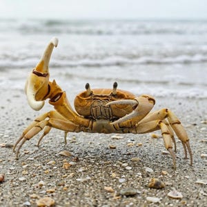 Może przedstawiać: Jasnobrązowy krab z dużą uniesioną szczypcą stoi na piaszczystej plaży. Ciało kraba jest jasnobrązowe i ma wiele nóg. W tle widać ocean z delikatnymi falami.