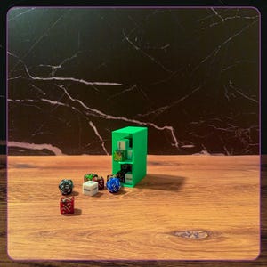 May include: A bright green rectangular storage tower with two internal shelves holding several multi-sided dice. Scattered in front of the tower are various polyhedral dice in colors including red, white, blue, and black with printed numbers.