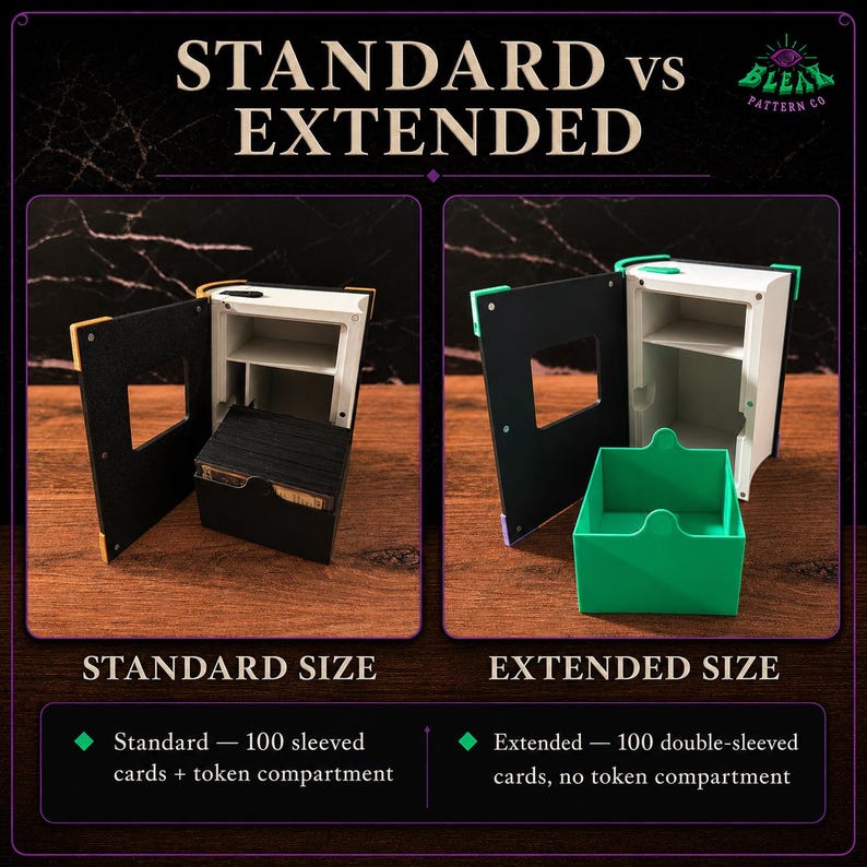 May include: A comparison graphic titled STANDARD vs EXTENDED showing two card storage boxes. The standard size box is black and white with a token compartment. The extended size box is white with a green drawer and holds 100 double-sleeved cards.