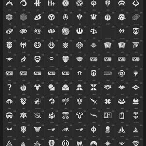 May include: A dark gray grid chart titled BLEAK PATTERN CO. &mdash; Icon Reference (2/3) containing numerous white graphic symbols and icons arranged in rows and columns, each labeled with a three-letter code underneath the corresponding icon.