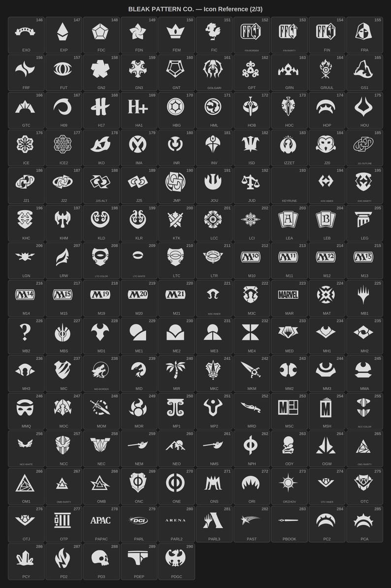 May include: A dark gray grid chart titled BLEAK PATTERN CO. &mdash; Icon Reference (2/3) containing numerous white graphic symbols and icons arranged in rows and columns, each labeled with a three-letter code underneath the corresponding icon.