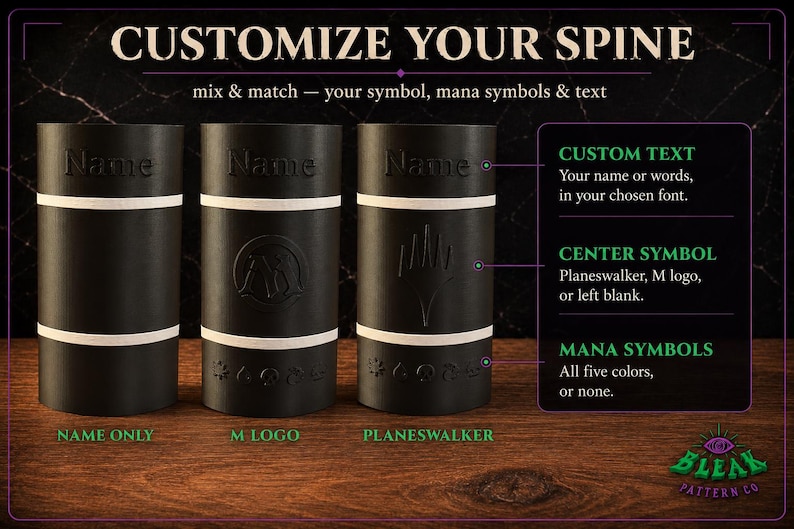 May include: Three black cylindrical book spines with white horizontal bands. Each features embossed text reading Name, with options for a center symbol like an M logo or Planeswalker symbol, and five mana symbols at the bottom. Text reads CUSTOMIZE YOUR SPINE.