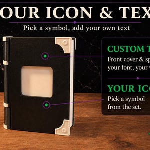 May include: A black book-shaped object with white corner accents and a central square cutout. The text reads: YOUR ICON & TEXT, Pick a symbol, add your own text, CUSTOM TEXT, Front cover & spine &mdash; your font, your words, YOUR ICON, Pick a symbol from the set.
