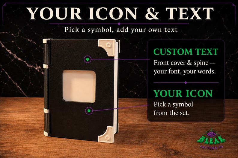 May include: A black book-shaped object with white corner accents and a central square cutout. The text reads: YOUR ICON & TEXT, Pick a symbol, add your own text, CUSTOM TEXT, Front cover & spine &mdash; your font, your words, YOUR ICON, Pick a symbol from the set.