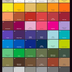 May include: A color chart titled COLOR OPTIONS by BLEAK PATTERN CO. featuring 58 numbered squares of various filament colors, including shades of white, yellow, orange, red, pink, purple, blue, green, brown, gray, and black with text labels.