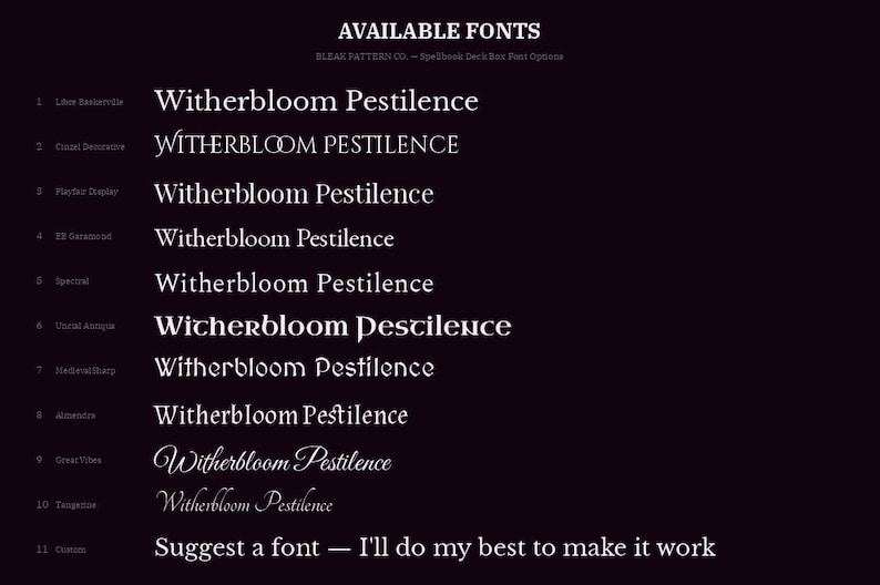 May include: A black chart titled AVAILABLE FONTS displaying eleven numbered typeface options for the text Witherbloom Pestilence. The list includes Libe Baskerville, Cinzel Decorative, Playfair Display, EB Garamond, Spectral, Uncial Antiqua, MedievalSharp, Almendra, Great Vibes, and Tangerine, with a final custom option.