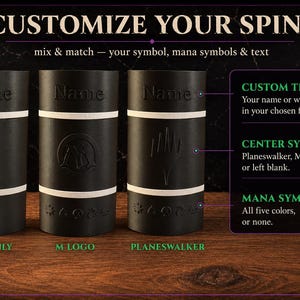 May include: Three black cylindrical book spines with white horizontal bands. Each features embossed text reading Name, with options for a center symbol like an M logo or Planeswalker symbol, and five mana symbols at the bottom. Text reads CUSTOMIZE YOUR SPINE.