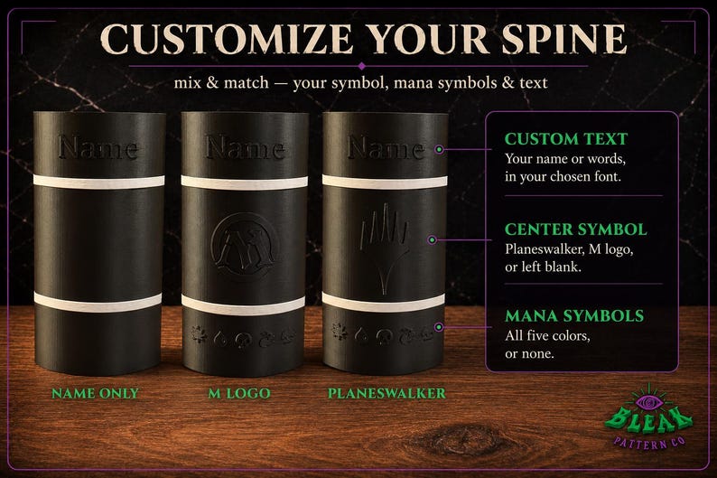 May include: Three black cylindrical book spines with white horizontal bands. Each features embossed text reading Name, with options for a center symbol like an M logo or Planeswalker symbol, and five mana symbols at the bottom. Text reads CUSTOMIZE YOUR SPINE.