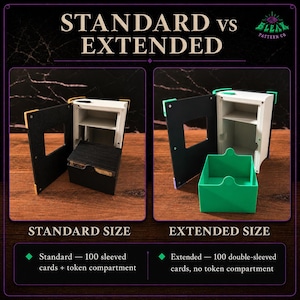 May include: A comparison graphic titled STANDARD vs EXTENDED showing two card storage boxes. The standard size box is black and white with a token compartment. The extended size box is white with a green drawer and holds 100 double-sleeved cards.
