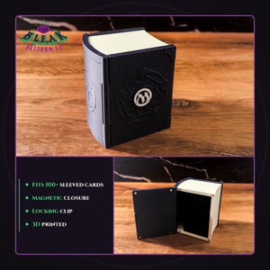 May include: A black 3D printed deck box with a cream-colored top and a magnetic closure. The front features a circular emblem with the letter M. The box is shown closed and open, with text stating it fits 100+ sleeved cards and has a locking clip.