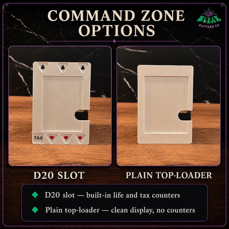 May include: Two white rectangular card holders. The left holder features a D20 slot, three heart icons, and the text TAX. The right holder is a plain top-loader. Both are designed for command zone display with integrated slots for game cards.