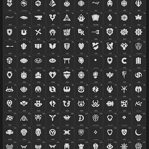 May include: A dark gray grid containing 145 white graphic icons, each labeled with a three-letter code. The header reads BLEAK PATTERN CO. &mdash; Icon Reference (1/3). The icons feature various shapes including shields, symbols, and abstract designs.