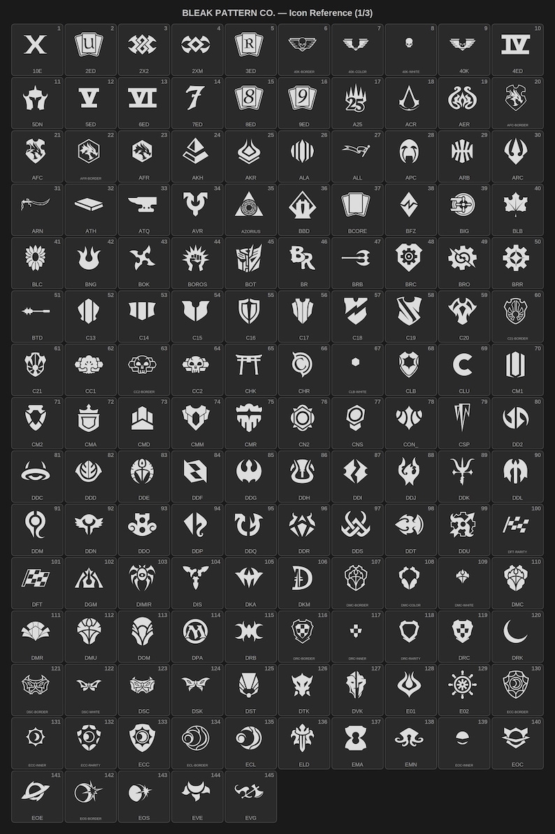 May include: A dark gray grid containing 145 white graphic icons, each labeled with a three-letter code. The header reads BLEAK PATTERN CO. &mdash; Icon Reference (1/3). The icons feature various shapes including shields, symbols, and abstract designs.