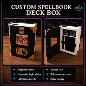 MTG Spellbook Deck Box, Custom Commander Book Case, 3D Printed, Dice Storage, Magnetic Closure, Display Window, 100 Sleeved Cards image 2
