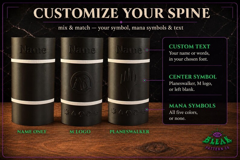 May include: Three black cylindrical book spines with white horizontal bands. Each features embossed text reading Name, with options for a center symbol like an M logo or Planeswalker symbol, and five mana symbols at the bottom. Text reads CUSTOMIZE YOUR SPINE.