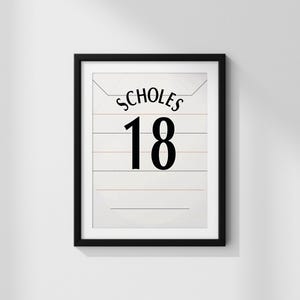Könnte beinhalten: Ein gerahmter Kunstdruck mit weißem Hintergrund und dünnen horizontalen Linien in Schwarz und Rot. Der Text SCHOLES ist in Schwarz über der großen schwarzen Zahl 18 gedruckt. Das Design befindet sich in einem einfachen schwarzen Rahmen.