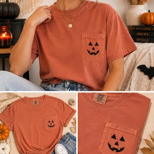 May include: A rust-colored short-sleeve t-shirt featuring a chest pocket with a black jack-o'-lantern face graphic. The shirt has a crew neckline and a visible brand label inside the collar. The fabric has a slightly faded, vintage-style finish.