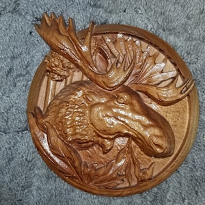 Carved Moose Wall Art with Small Timber Trees in Cherry Wood - Rustic Lodge Decor for Nature Lovers