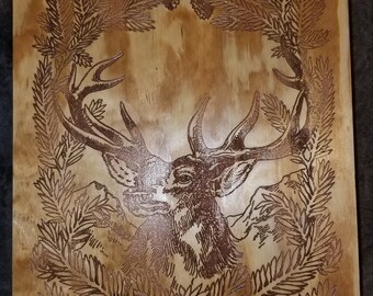 Laser Etched Elk Wreath: Brass Painted Wood Engraving