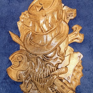Unique Joker Skull Gaming Carving with Top Hat and Shades - Handcrafted from Maple Wood with Dice, Cards, and 8 Ball Accents