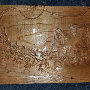 Cherry Wood Carved Santa Sleigh Christmas Scene