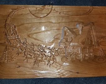 Cherry Wood Carved Santa Sleigh Christmas Scene