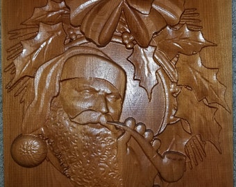 Carved Cherry Wood Santa Wreath: Old World Christmas Decor