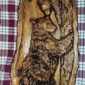 Carved Momma Bear and Cub in Tree Wall Art - Maple Wood Sculpture with Bark Detail and Oil Varnish Finish