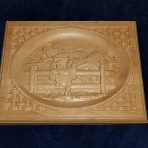 Carved Horse and Colt Farm Scene with Barn, Silo, and Wicker Frame - White Maple Wall Art - Rustic Farmyard Decor