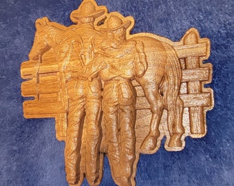 Handmade Cowboy and Cowgirl Wood Carving - Western Charm Wall Art for Home Decor