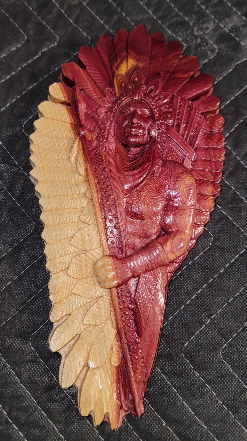 Carved Native American Chief With Full Headdress in Red Cedar | Wall ...
