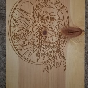Handcrafted Indian Chief and Buffalo Line Drawing Lasered on Yellow Pine Plaque with Customizable Text - Unique Wall Decor