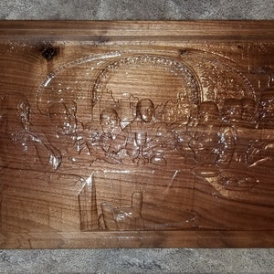 Handcrafted Last Supper Carving in Thermally-Modified Cambria Wood - Exotic Finish, Sustainable Material