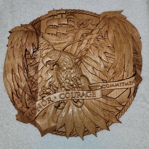 Navy Eagle Carving with Sail Ship and Honor Banner - 3D Maple Wood Art Piece