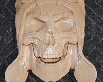 Carved Maple Biker Skull Wall Decor with Leather Helmet and Goggles for Motorcycle Enthusiasts