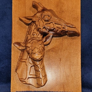 Handcrafted Mother Giraffe and Baby Carving in White Maple with Golden Honey Oak Stain - Perfect for Nursery Decor - Ready to Hang