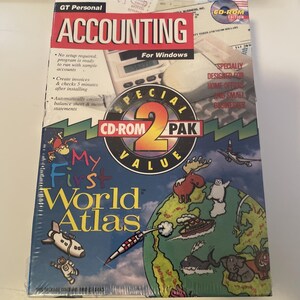 May include: A software box set containing GT Personal Accounting for Windows and My First World Atlas on CD-ROM. The packaging features a red and white accounting header, a special value 2-pack logo, and a colorful globe illustration with animals.