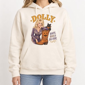 Dolly Parton Halloween Hoodie, Boots Boos and Big Hair, Black Cat and Pumpkin Cowboy Boot, Western Fall Outfit