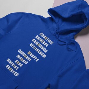 Real Madrid players lineup in their iconic white kits, standing side by side with a strong and determined presence. The backdrop captures the energy of the stadium, highlighting the unity and championship spirit of the team. Perfect for passionate Madridistas and football fans alike.