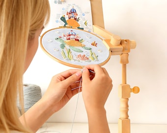 Solid Beech Wood Embroidery Adjustable Stand | Rotating Lap Hoop Holder, Pattern Clip, Needle Minder
