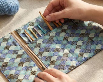 Japanese Wave Crochet Hook Roll | Metallic Crochet Hook Organizer | Gift for Crocheters | Small Craft Pouch