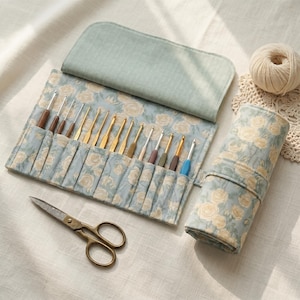 Vintage Floral Crochet Hook Case, Roll Up Knitting Organizer, Cotton Yarn Pouch