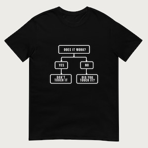 以下が含まれることがあります： 黒の半袖Tシャツで、白いグラフィックのフローチャートがプリントされています。テキストは「DOES IT WORK?」で、YESとNOに分岐しています。YESの下には「DON'T TOUCH IT」、NOの下には「DID YOU TOUCH IT?」と書かれています。デザインは胸の中央に配置されています。