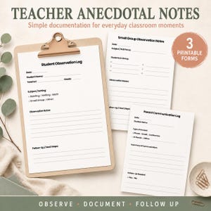 May include: Three white printable forms titled Teacher Anecdotal Notes, Student Observation Log, Small Group Observation Notes, and Parent Communication Log. The forms feature black text, lines for writing, and checkboxes on a wooden clipboard.
