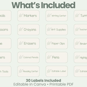 May include: A digital image featuring a collection of 30 school supply labels. Each label is a light beige rectangle with a green leaf design and text such as "Pencils," "Markers," and "Scissors." The text "What's Included" is at the top.